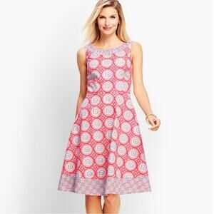 Talbots Pink and Blue Geometric Print Fit and Flare Midi Dress